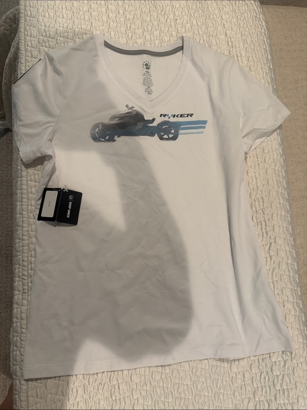 White V-Neck Graphic Tee with Blue Accent